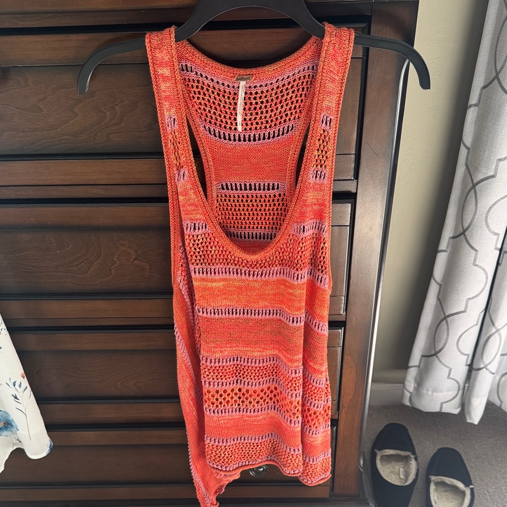 Free People Open-Knit Scoop Neck Tank in Coral Orange